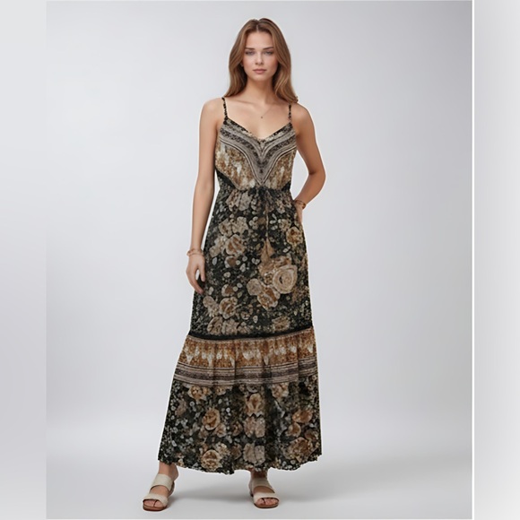 Boho Floral Print Drawstring Waist Fringed Ruffle Hem Cami Dress - Picture 4 of 11